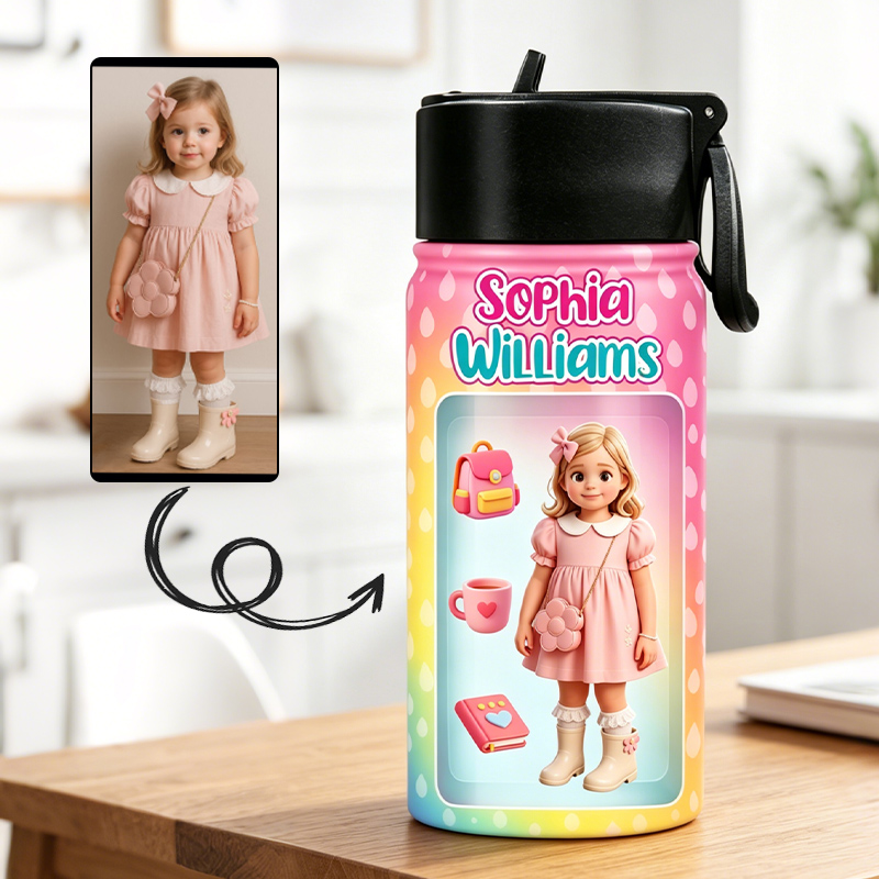 Personalized Rainbow Kids Water Bottle Custom Name Photo Thermos Cup Cute Cartoon Style Gift For Girls Design