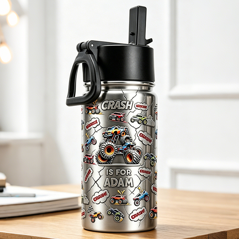 Personalized Monster Truck Crash Kids Water Bottle with Custom Name and Faux 3D Bubble Effect Off Road Cars Design for Boys