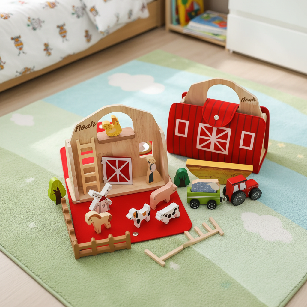 Personalized Wooden Farm Playset for Kids Custom Name Durable Easy Storage and Multiplayer Fun