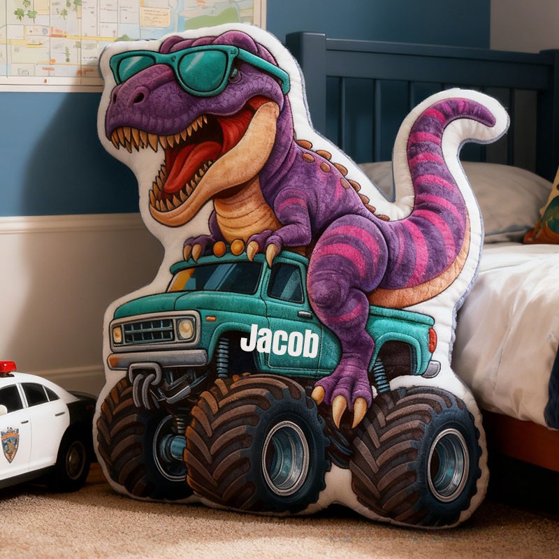 Personalized Dinosaur Monster Truck Name Custom Soft Decorative Gift Cool Adventure Style Fun Playful Cozy Boy Room Exciting Power Wheels Jurassic Fun Graphic 3D Print Pillow