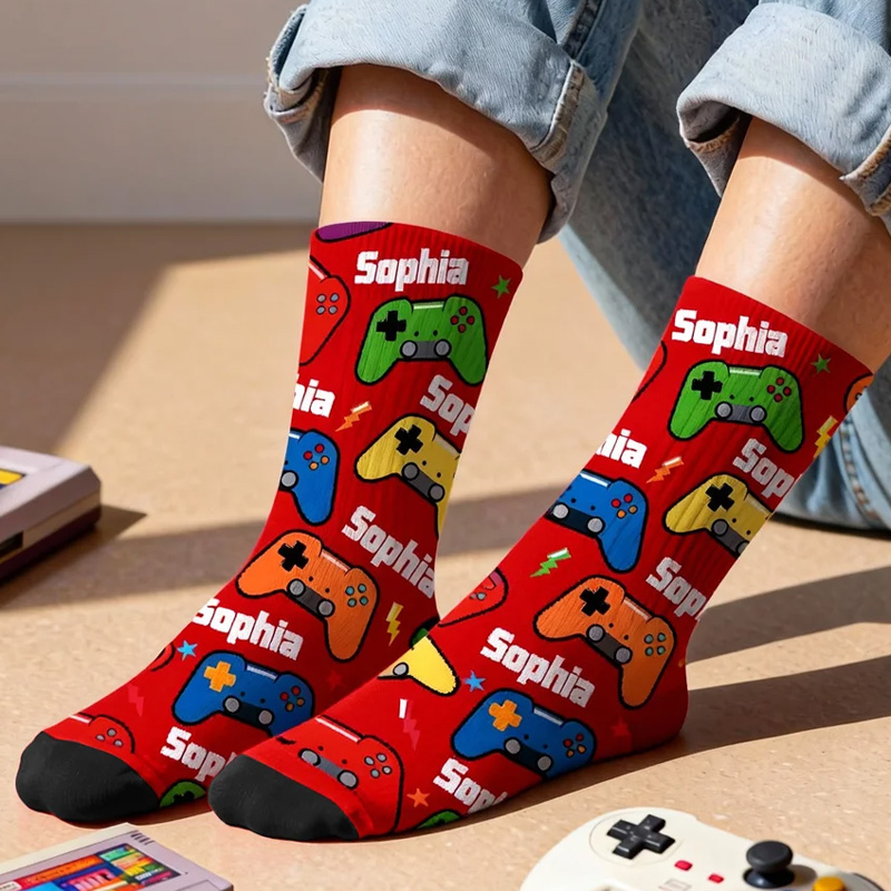 Personalized Multicolor Game Controller MidCalf Socks with Name Daily Use Birthday Gift for Game Friend Geek Lover