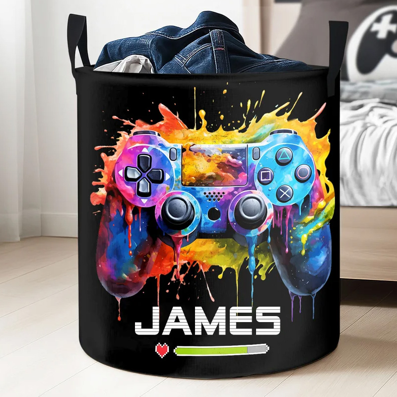 Personalized Ink Splash Game Controller Waterproof Large Laundry Basket with Name and Handle Birthday Housewarming Gift for Game Friends Geek Lover