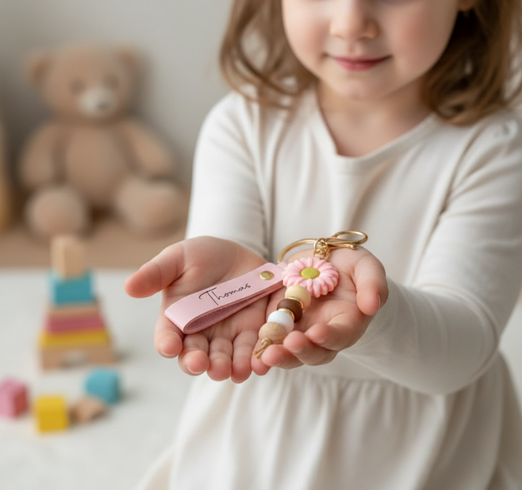 Personalized Daisy Keychain for Kids Custom Name Colorful Silicone Beads and Faux Leather Strap Daisy Beaded Keyring Flower Girl Gift