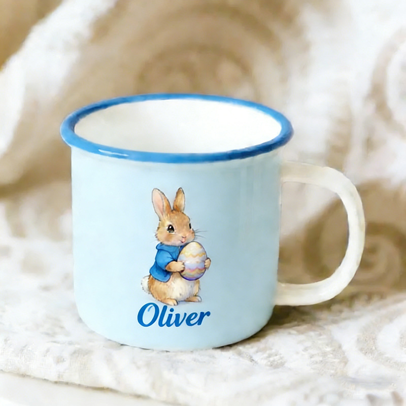 Personalized Cute Easter Egg Rabbit Bunny Enamel Mug with Name Back to School Birthday Easter Gift for Kids