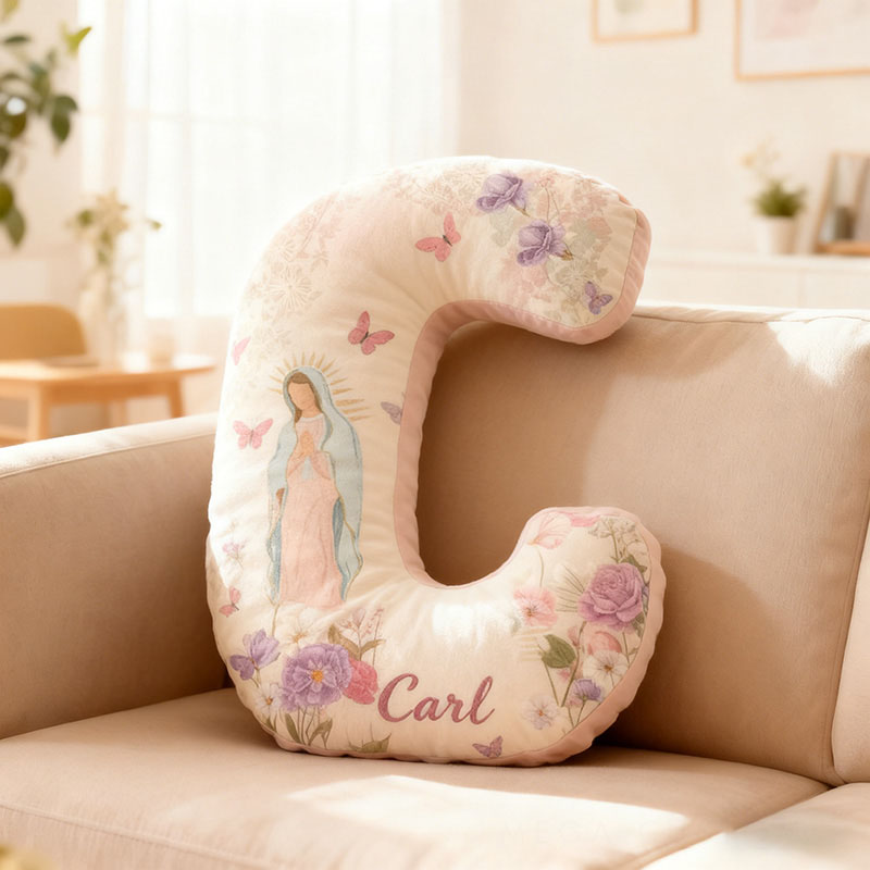 Personalized Virgin Mary Letter Pillow with Custom Name Catholic Home Decor Religious Gift for Her Floral Butterfly Graphic 3D Print Pillow