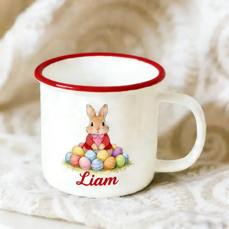 Personalized Cute Easter Egg and Rabbit Bunny Enamel Mug with Name Back to School Birthday Easter Gift for Kids