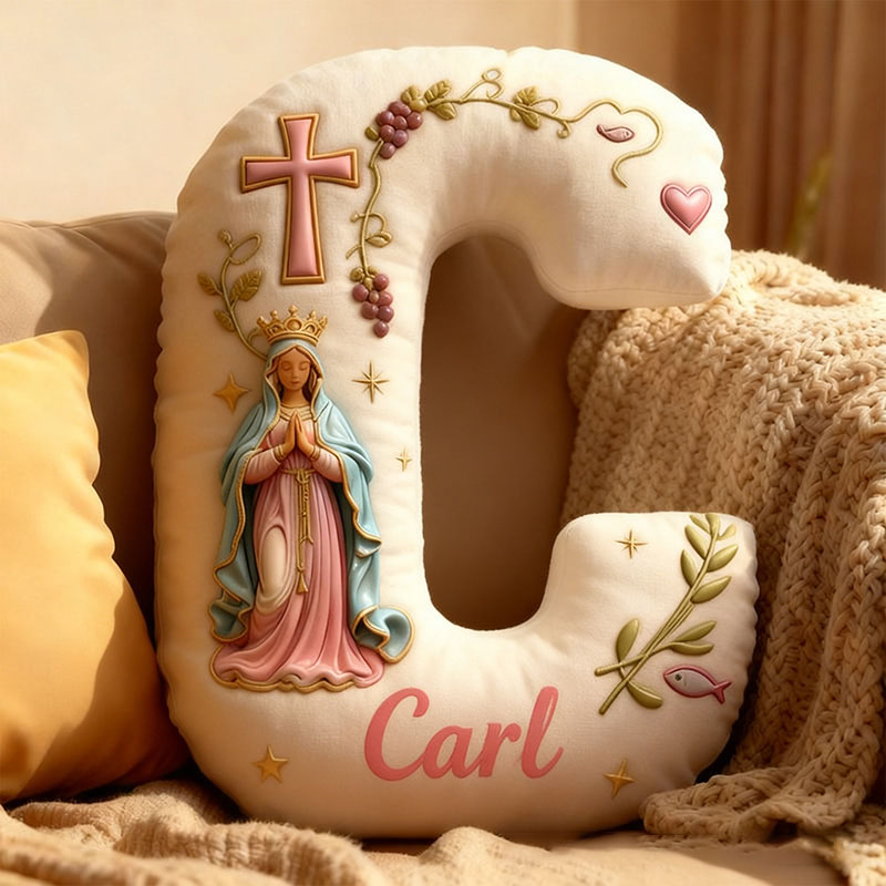 Personalized Cross Virgin Mary Letter Pillow Graphic 3D Print Pillow with Custom Name Home Decor Religious Faith Gift Catholic Gift