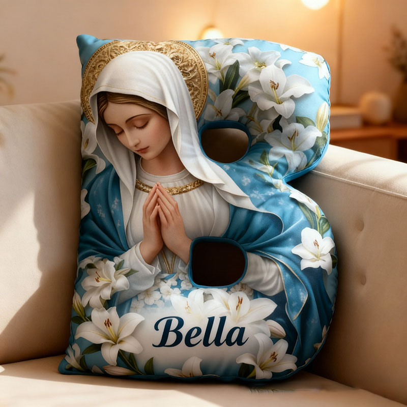 Personalized Vergin Mary with White Lilies Letter Pillow Graphic 3D Print Pillow with Custom Name Home Decor Religious Gift Catholic Gift for Her