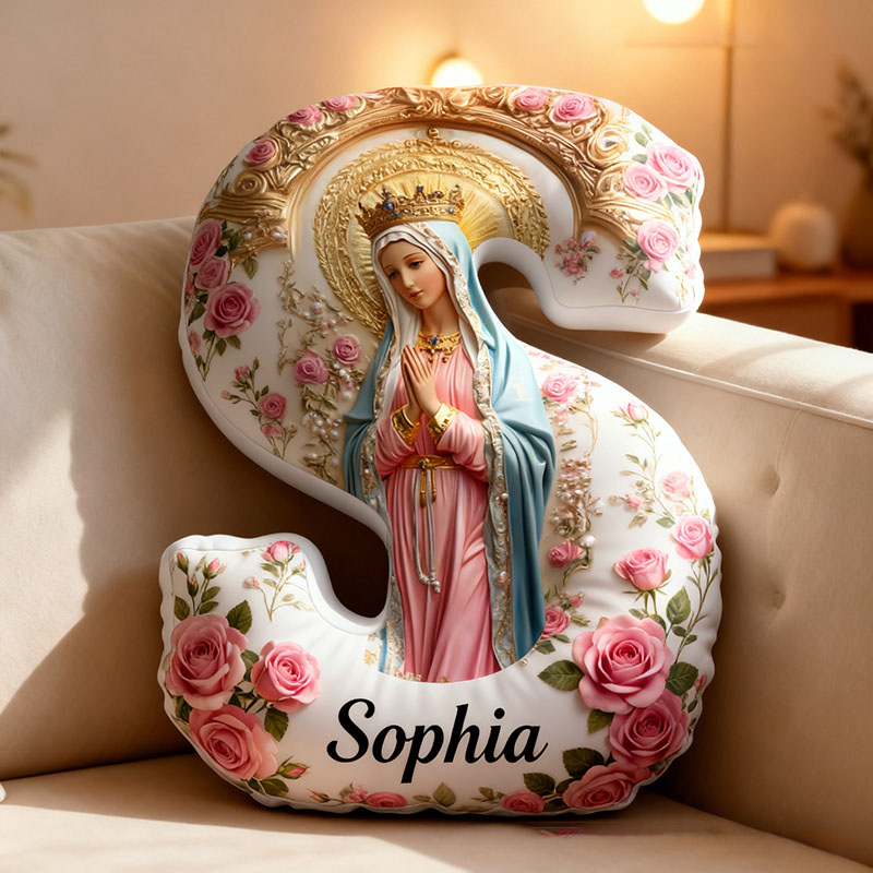 Personalized Queen Of Divine Virgin Mary Letter Pillow Graphic 3D Print Pillow with Name Home Decor Religious Gift Catholic Gift for Women