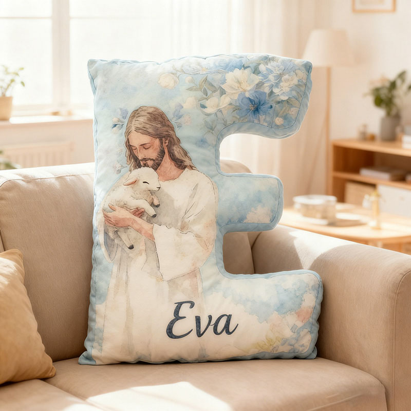 Personalized Jesus Lamb Letter Pillow with Custom Name Religious Home Decor Graphic 3D Print Pillow Christian Gift Faith Gift for Jesus Lover