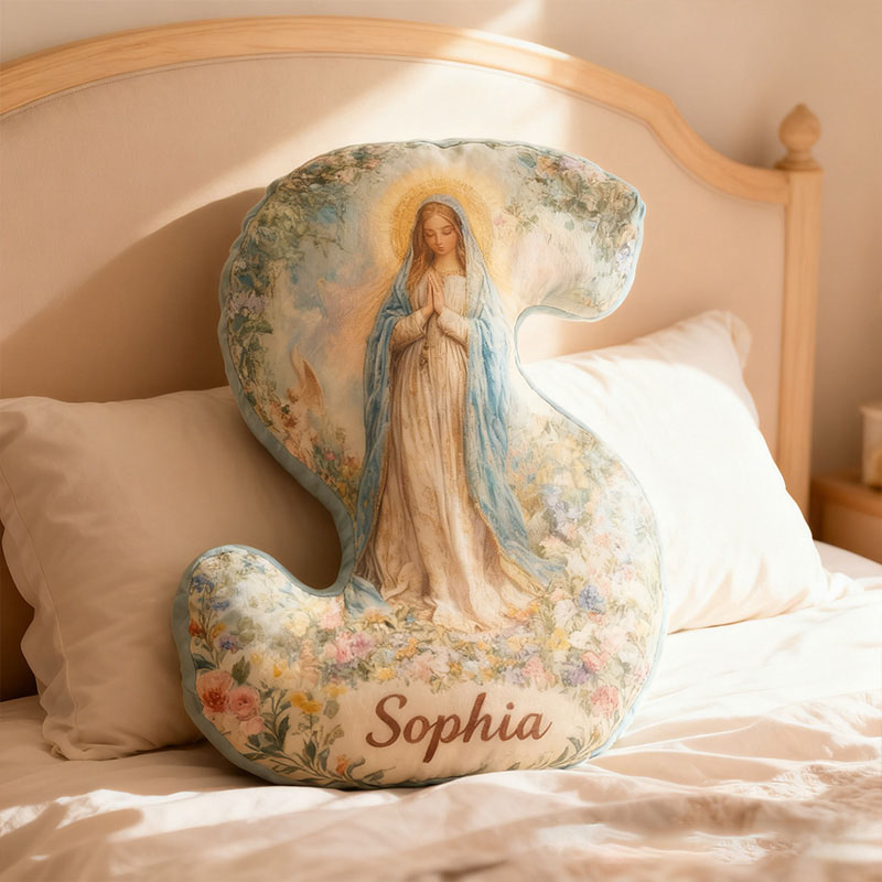 Personalized Floral Virgin Mary Graphic 3D Print Letter Pillow with Custom Name Home Decor Religious Gift Catholic Faith Gift for Her
