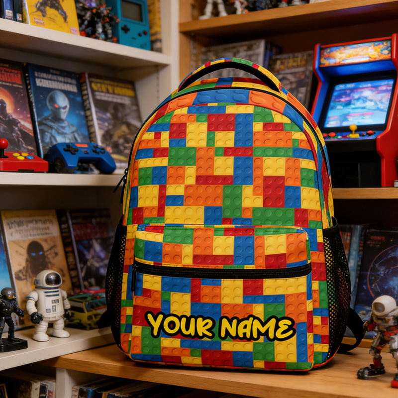 Personalized Building Blocks Backpack with Custom Name Kids School Bag for Geek Lover