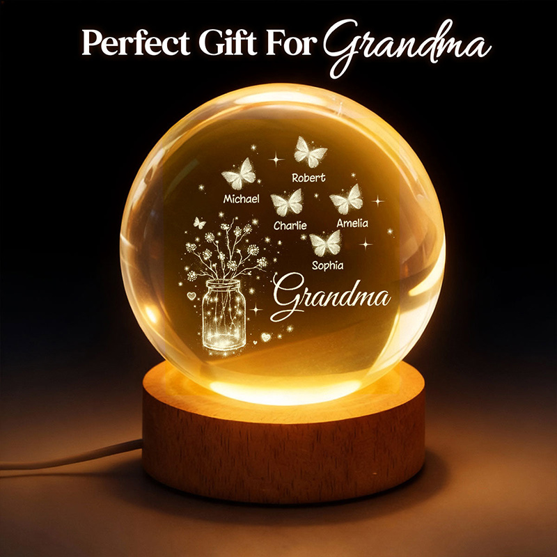 Personalized Grandma Butterfly Flower Jar Crystal Ball LED Night Light Birthday Mother's Day Gift for Grandma