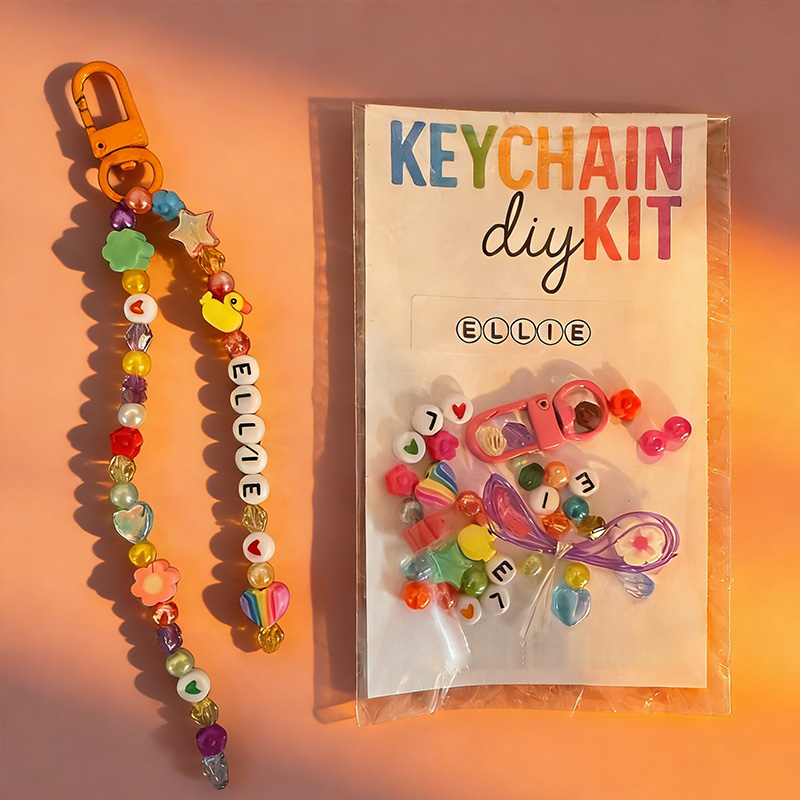 Personalized Name Keychain Kit gift for kids DIY Hearts and Flowers Beaded Party Activity Custom Friendship beaded Retro Keychain Class Activity Kit 
