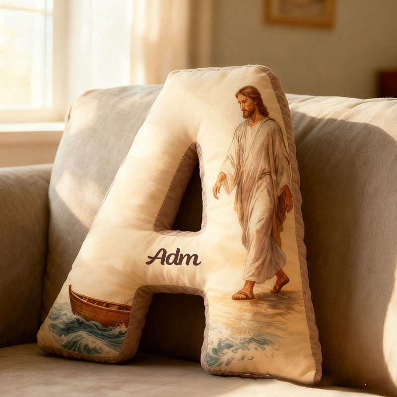 Personalized Jesus Walks on Water Letter Pillow with Custom Name Religious Home Decor Christian Gift Faith Prayer Gift Graphic 3D Print Pillow 