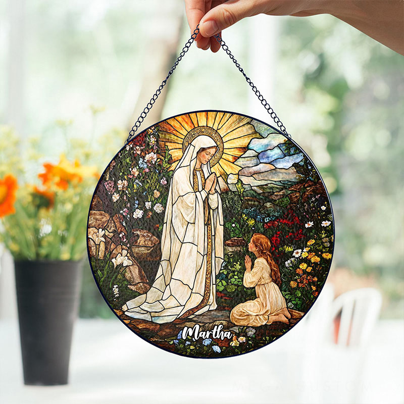 Personalized Our Lady of Lourdes Stained Glass Suncatcher Ornament with Name Window Hanging Decor Virgin Mary Art Religious Gift Catholic Gift