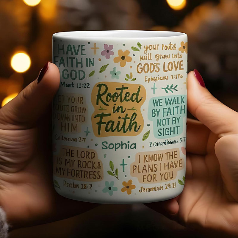 Personalized Rooted in Faith Bible Verse Ceramic Mug with Name Jesus Encouragement Coffee Mug Religious Christian Gift