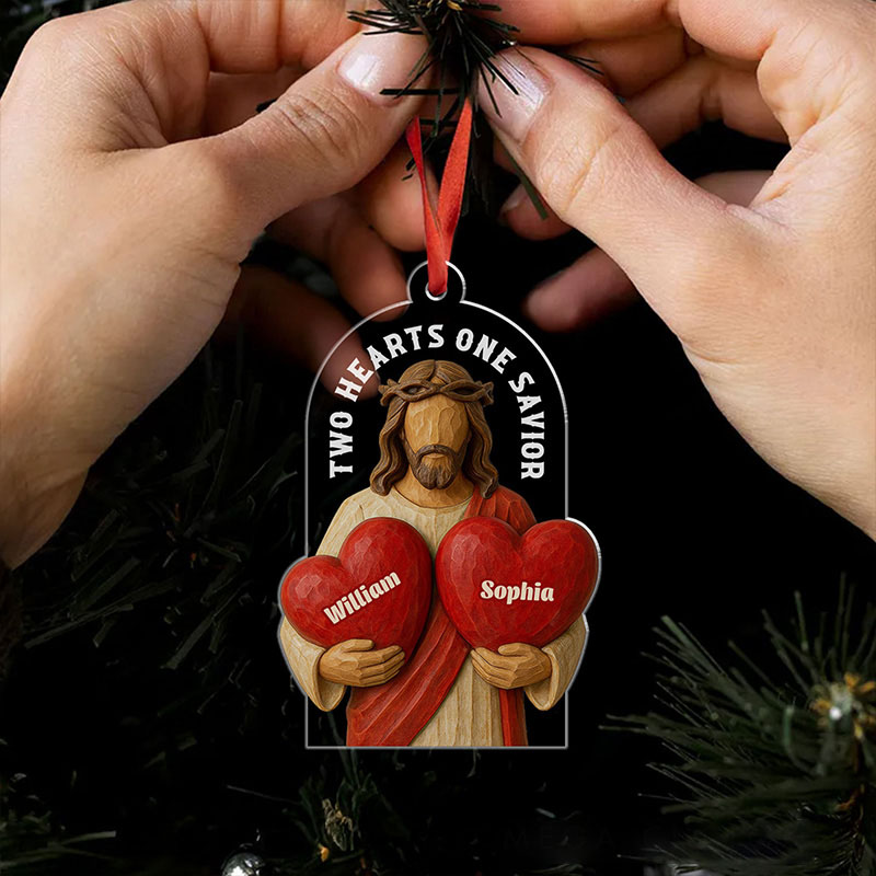 Personalized Two Hearts One Savior Acrylic Christmas Ornament with Custom Name Religious Gift Christmas Tree Decor Christian Gift for Couple