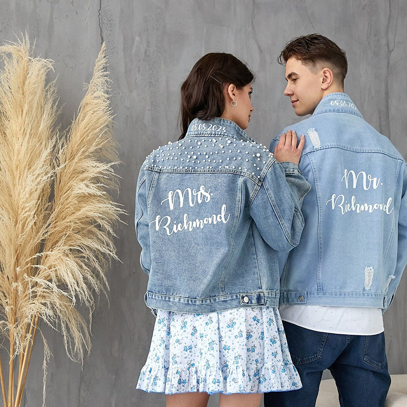 Personalized Denim Jacket Wedding Denim Jacket with Pearls Custom Mrs Bride Jean Jacket Bridal Gift Wedding Gift Mrs Jacket Pear Gift