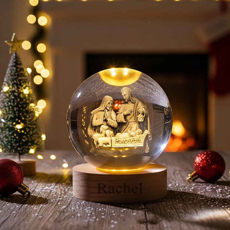 Personalized Nativity Scene 3D Spherical Crystal Lamp With Custom Text Religious Gift Christmas Gift Faith Gift