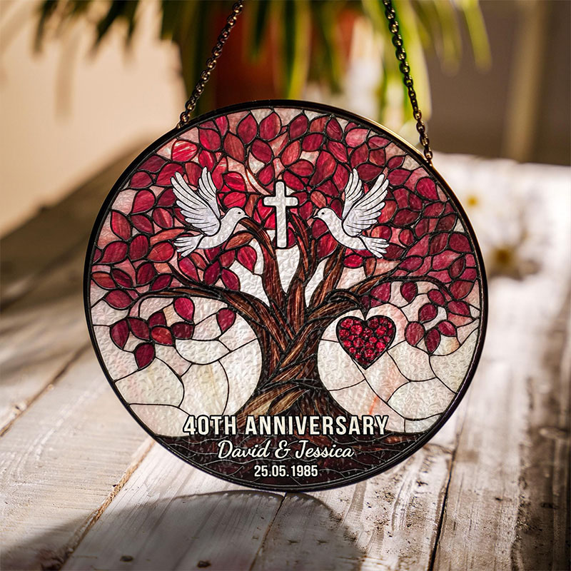 Personalized Dove Cross Christian Wedding Anniversary Stained Glass Suncatcher Ornament with Custom Name Window Hanging Decor Religious Gift for Couple Wedding Gift