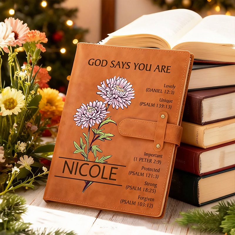 Personalized God Says you are Birth Flower PU Leather Notebook Cover with Name Religious Gift Birthday Gift for Christian