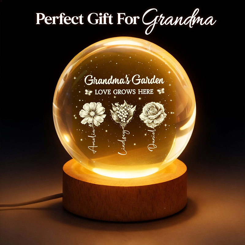 Personalized Grandma's Garden 3D Effect Birth Month Flowers Crystal Ball LED Night Light Birthday Mother's Day Gift for Grandma