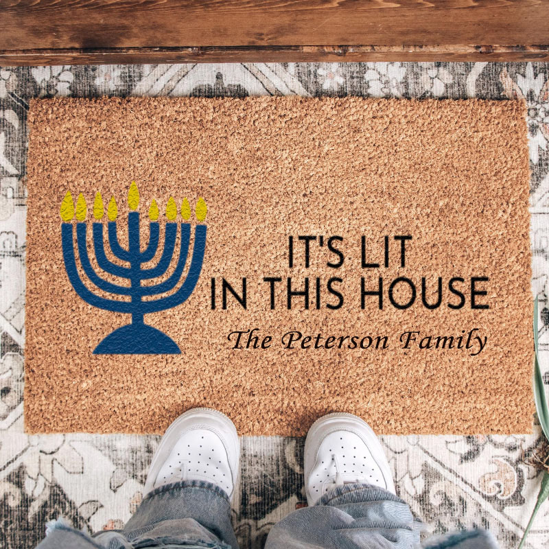 Personalized It's Lit in this House Doormat with Custom Family Name Non-Slip Durable Front Door Decor Hanukkah Doormat Religious Gift