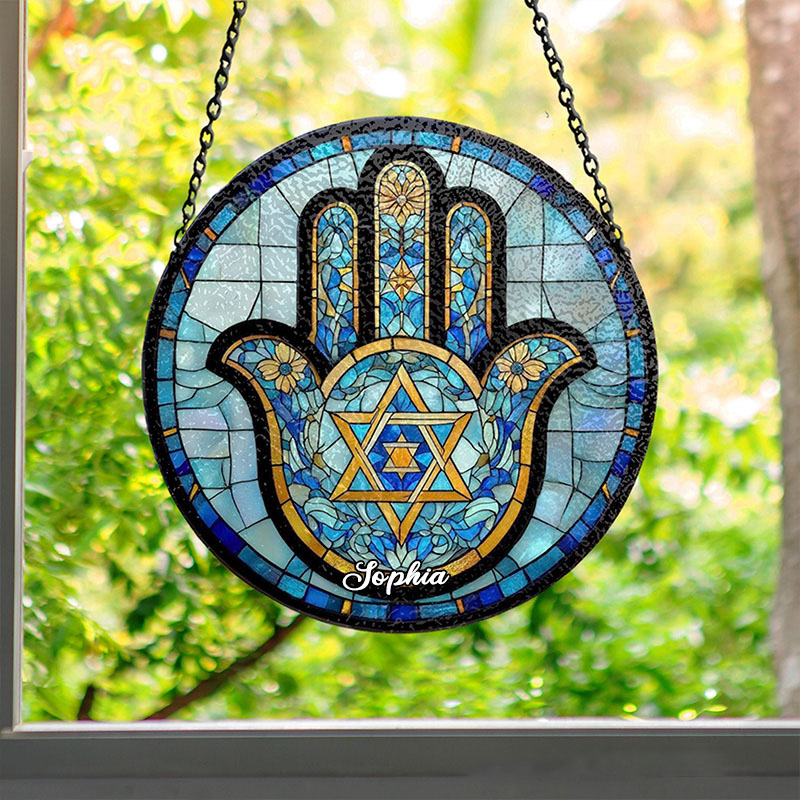 Personalized Hamsa Hand Star of David Stained Glass Suncatcher Ornament with Custom Name Jewish Festival Window Hanging Decor Hanukkah Gift Religious Gift