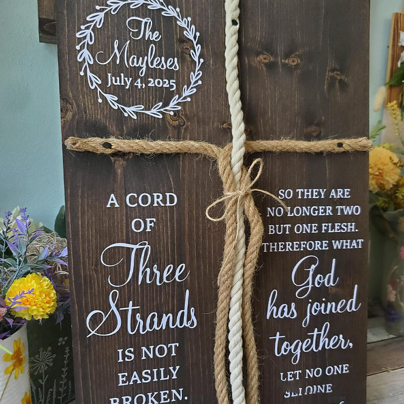 Personalized a Cord of Three Strands Wooden Wedding Sign with Custom Family Name and Date Religious Home Decor Gift for Couple Wedding Gift