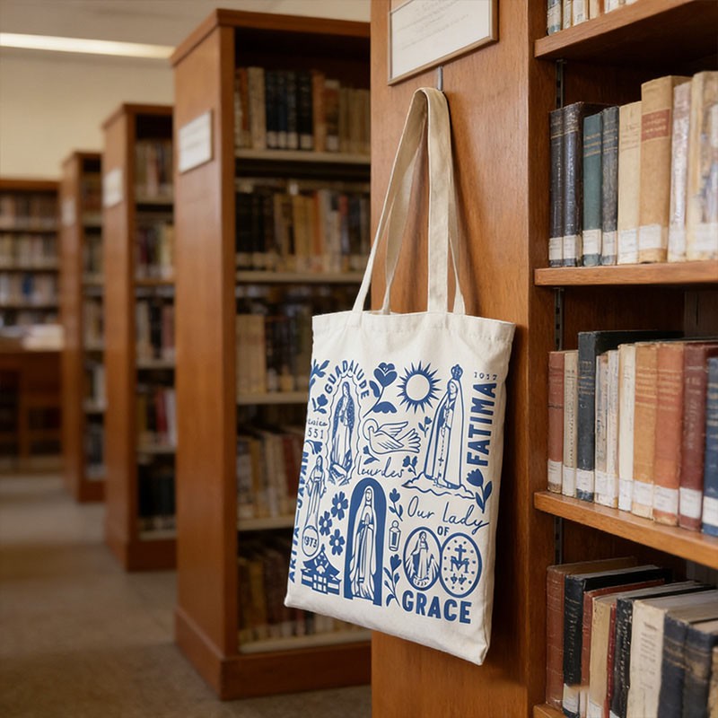 Personalized Catholic Virgin Mary Canvas Tote Bag with Name Daily Use Our Lady Bag Vintage Catholic Tote Bag Christian Gift for Women and Girls