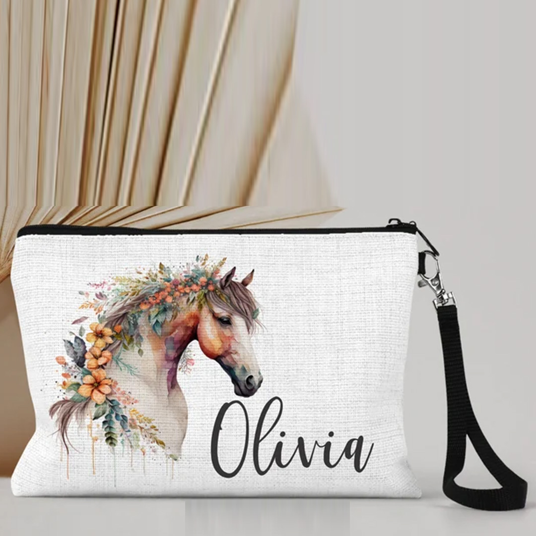 Personalized Equestrian Makeup Bag Equestrian Cosmetic Bag Horse Lover Gift Linen Zipper Pouch for Riding Lovers