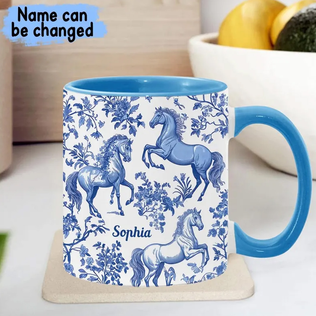 Personalized Multicolor Equestrianism Pattern Ceramic Coffee Mug with Text and Coaster Anniversary Birthday Gift for Equestrians Cowgirls Riding Lovers
