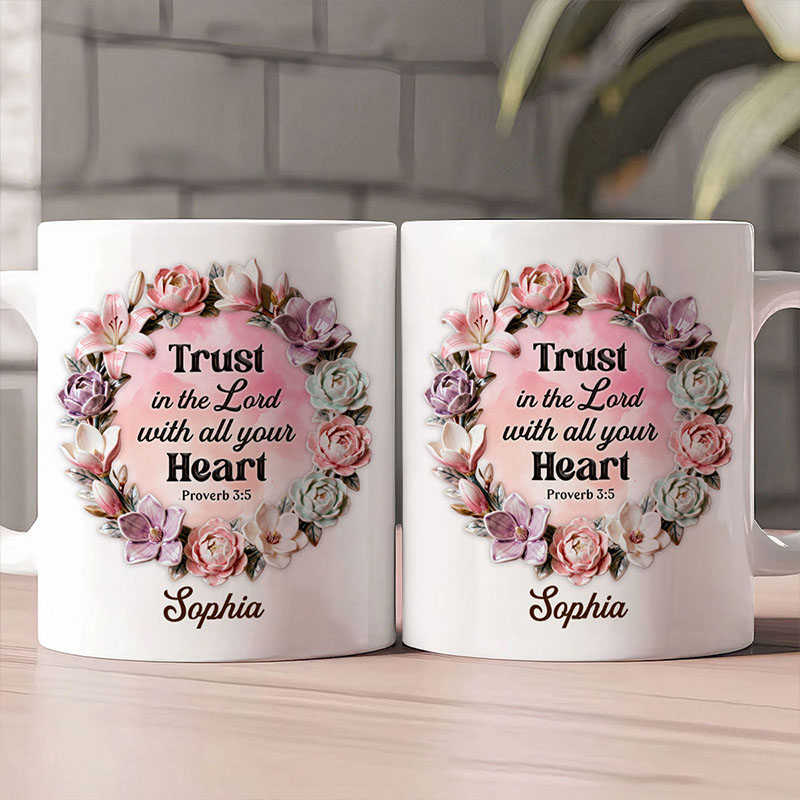 Personalized Trust in the Lord with all Your Heart Ceramic Mug with Custom Name Bible Verse Coffee Cup Valentine Gift for Women