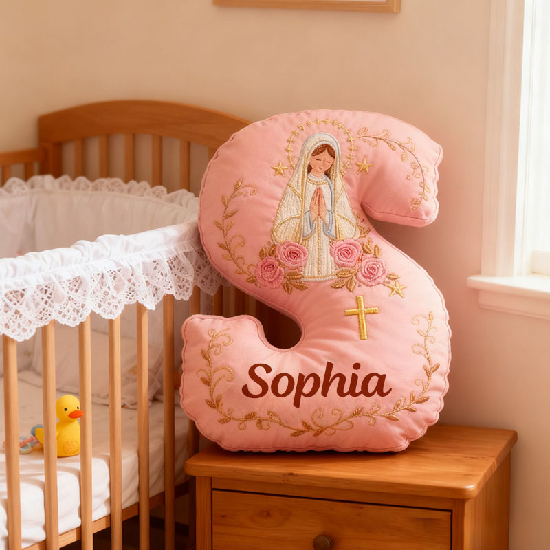 Personalized Virgin Mary Pink Letter Pillow with Custom Name Catholic Home Decor Religious Gift for Her Catholic Gift for Women Graphic 3D Print Pillow