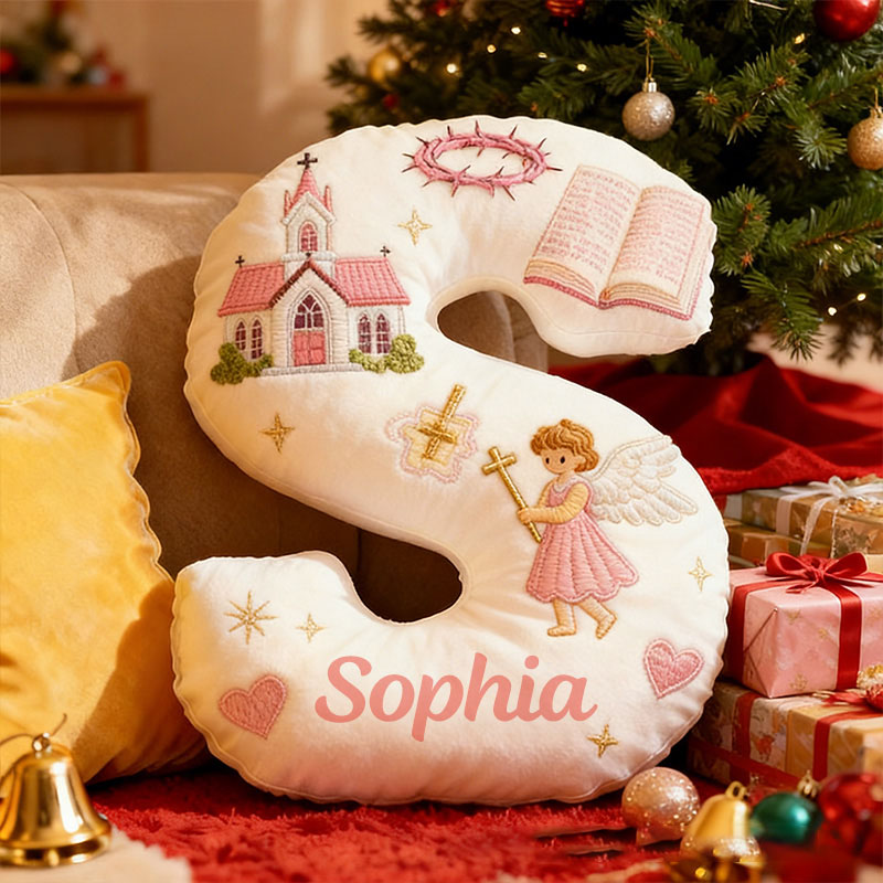 Personalized Little Angel Letter Pillow with Custom Name Kid Room Decor Church Cross Angel Bible Religious Faith Gift for Her Graphic 3D Print Pillow