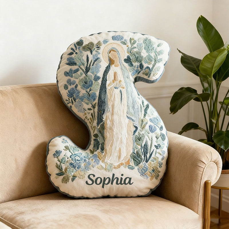 Personalized Blessed Mother of God Floral Virgin Mary Graphic 3D Print Letter Pillow with Custom Name Faith Home Decor Catholic Gift for Women