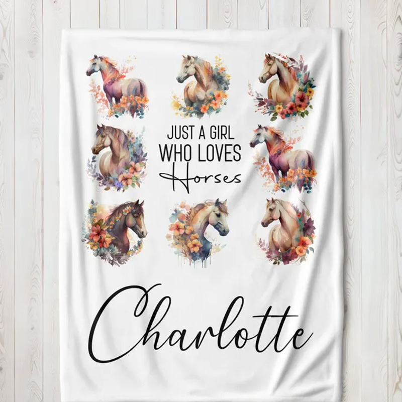 Personalized Horse Blanket Name Just A Girl Who Loves Horse Lover Gift For Daughter Kids Equestrian Themed Throw Blanket for Riding Lovers Equestrian Lovers