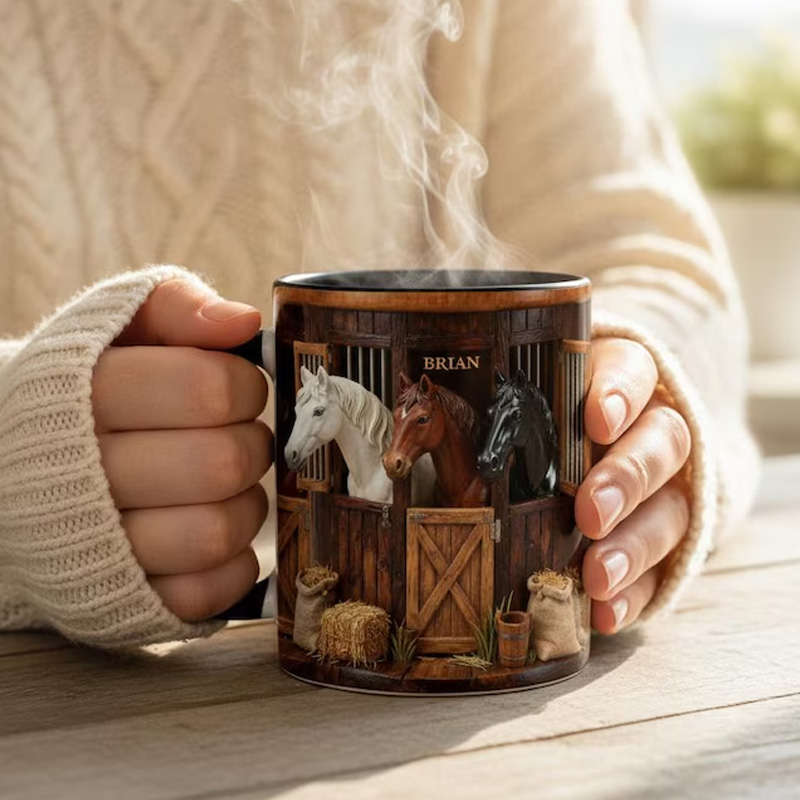 Personalized Horse Farm Accent Mug Horses In Stable Ceramic Cup Gift for Equestrian Horse Riding Lovers