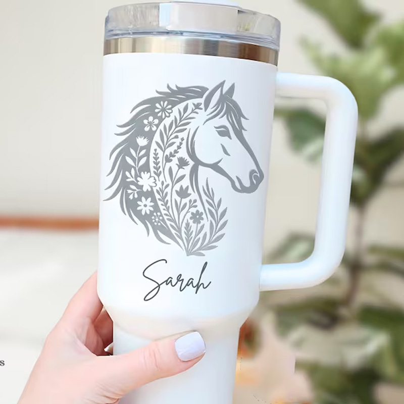 Personalized Floral Horse Tumbler Western Cowgirl Cup with Handle Custom Equestrian Gift for Riding Love