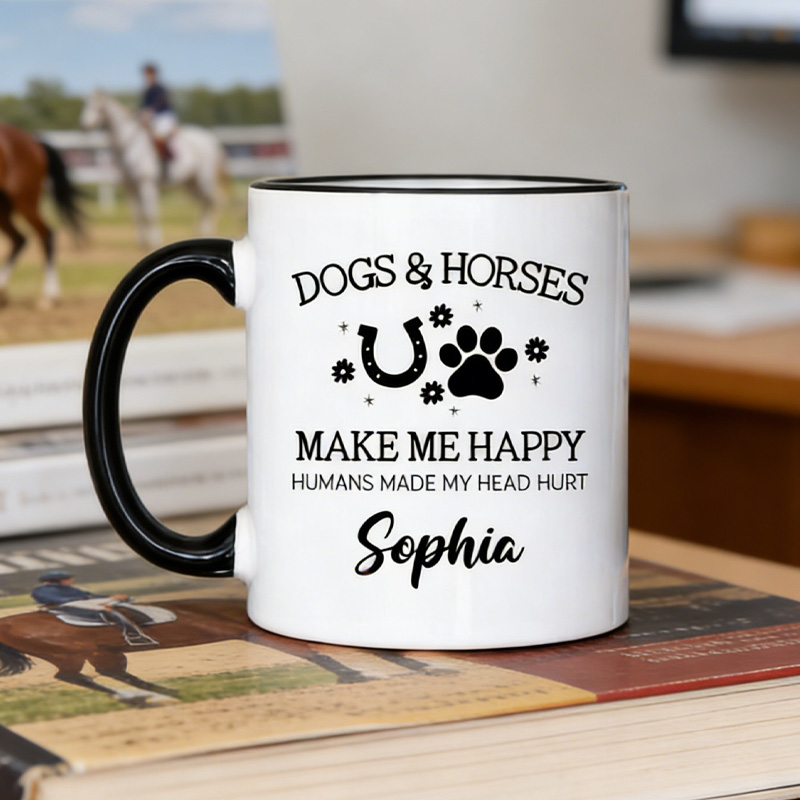 Personalized Equestrian Coffee Mug Dogs and Horses Make Me Happy Mug for Equestrian Horse Riding Lovers