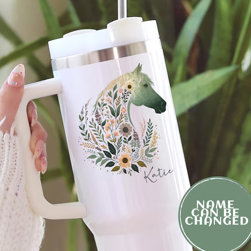 Personalized Boho Floral Horse Tumbler with Handle Travel Trainer Equestrian Gift for Riding Lover