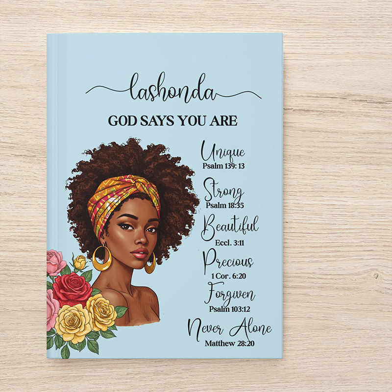 Personalized African American Woman God Says you are A5 Prayer Journal Notebook with Name Gift for Christian Religious Gift for Girls
