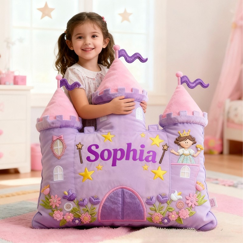 Personalized Cartoon Princess Castle with Name Graphic 3D Print Pillow Christmas Gift for Kids 