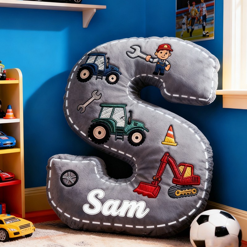 Personalized Cute Tractor Initials with Name Graphic 3D Print Pillow Christmas Gift for Kids Birthday Gifts