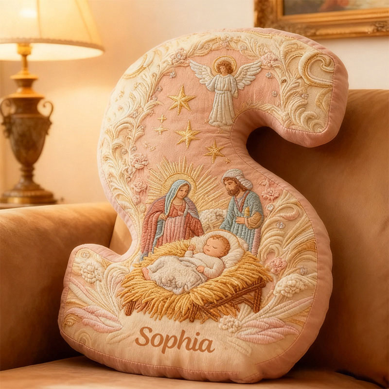 Personalized Nativity Scene Holy Family Letter Pillow with Name Christian Home Decor Religious Gift Graphic 3D Print Pillow