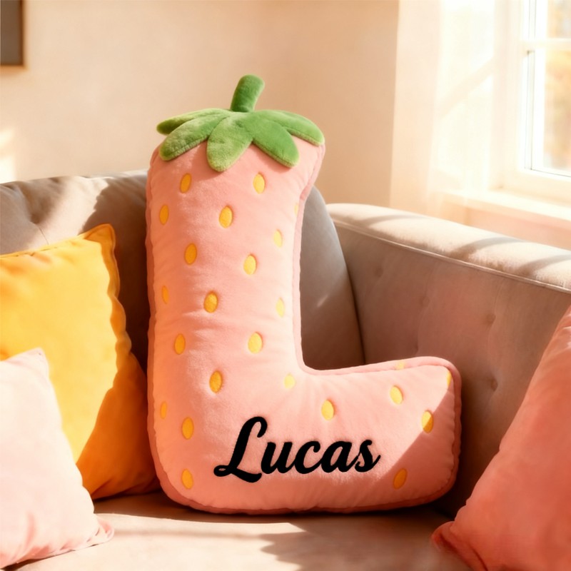 Personalized Cute Strawberry Initial Graphic 3D Print Pillow with Name Christmas Gift for Kids