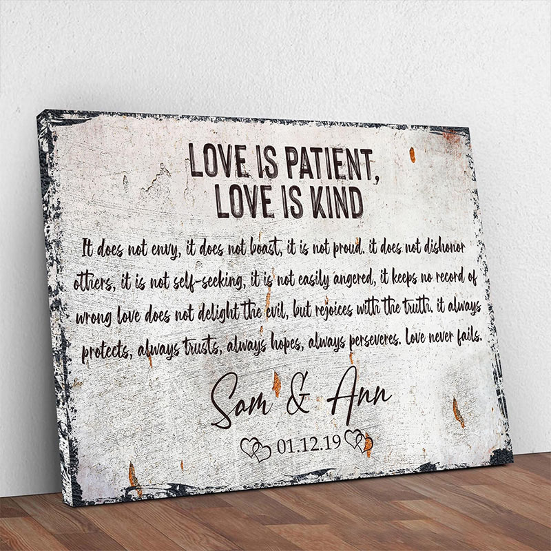 Personalized Love is Patient Love is Kind Canvas Painting with Couple Names Date Religious Gift Wedding Anniversary Gift Valentine Gift for Couple