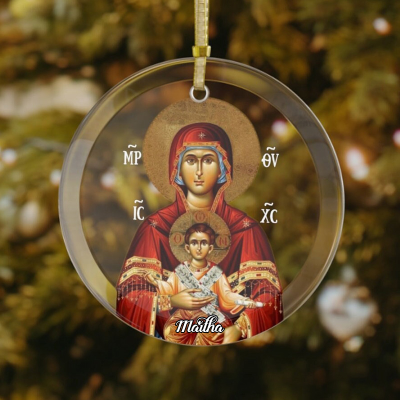 Personalized Virgin Mary Glass Ornament with Custom Name Theotokos Glass Decor Orthodox Nativity Ornament Religious Christian Gift
