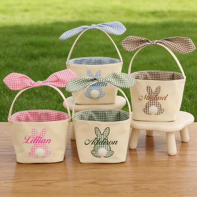 Personalized Easter Basket Embroidered Name Bunny Rabbit Basket Easter Egg Hunt Basket Easter Gift for Kid